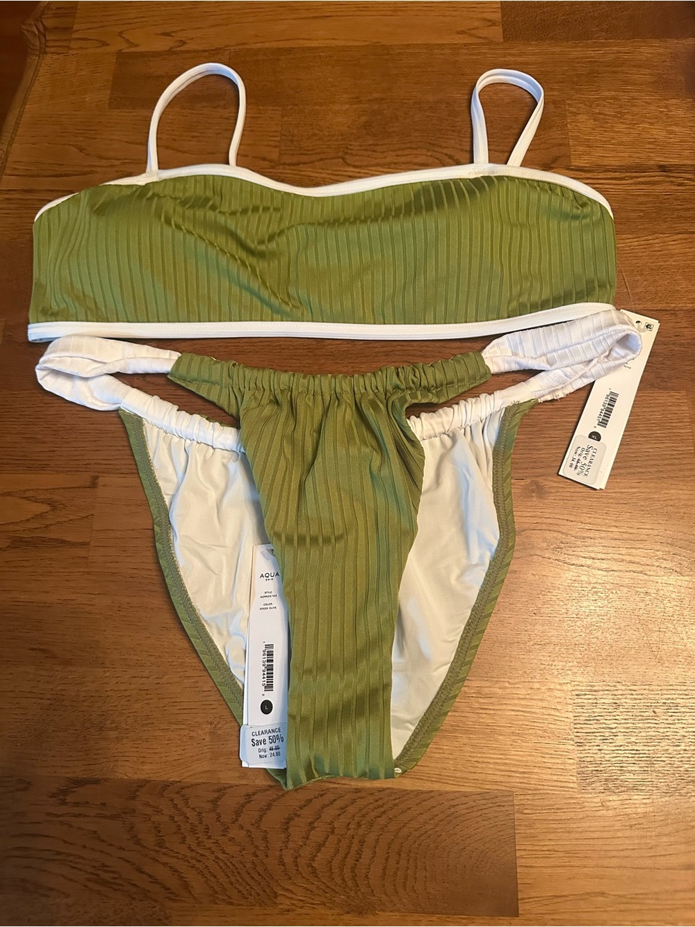 Aqua Olive Green Ribbed Bandeau Bikini Set X-Large Top & Large Bottom